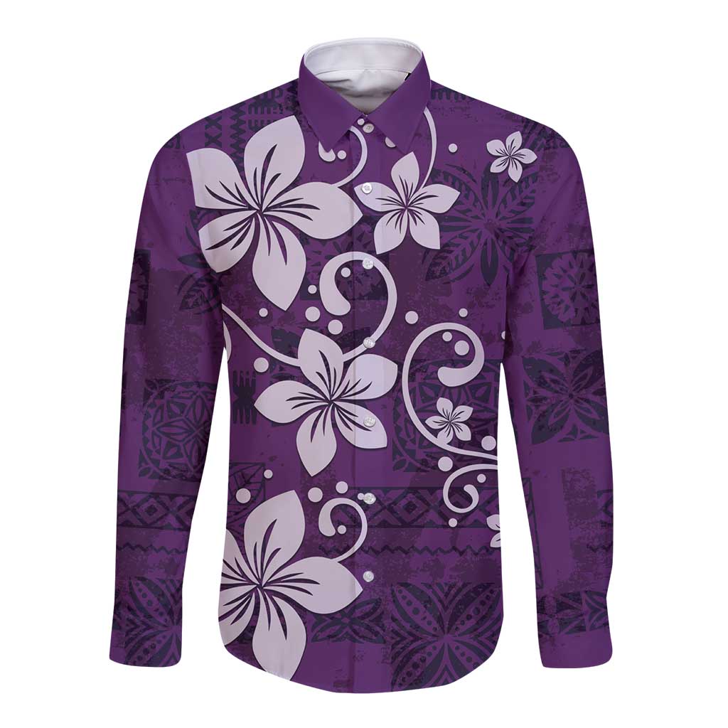 Plumeria Floral Tapa Pattern Amethyst Purple Long Sleeve Button Shirt LT01 Unisex Purple - Polynesian Pride