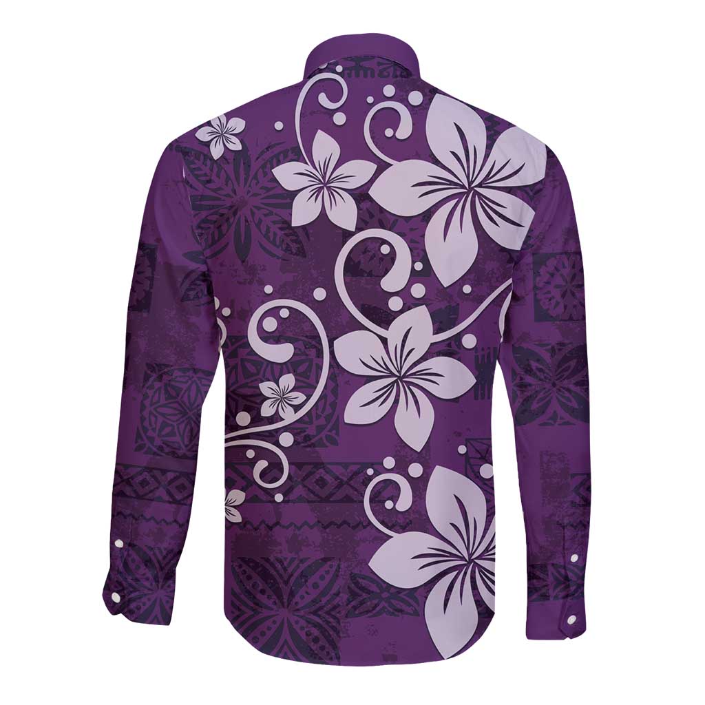 Plumeria Floral Tapa Pattern Amethyst Purple Long Sleeve Button Shirt LT01 - Polynesian Pride