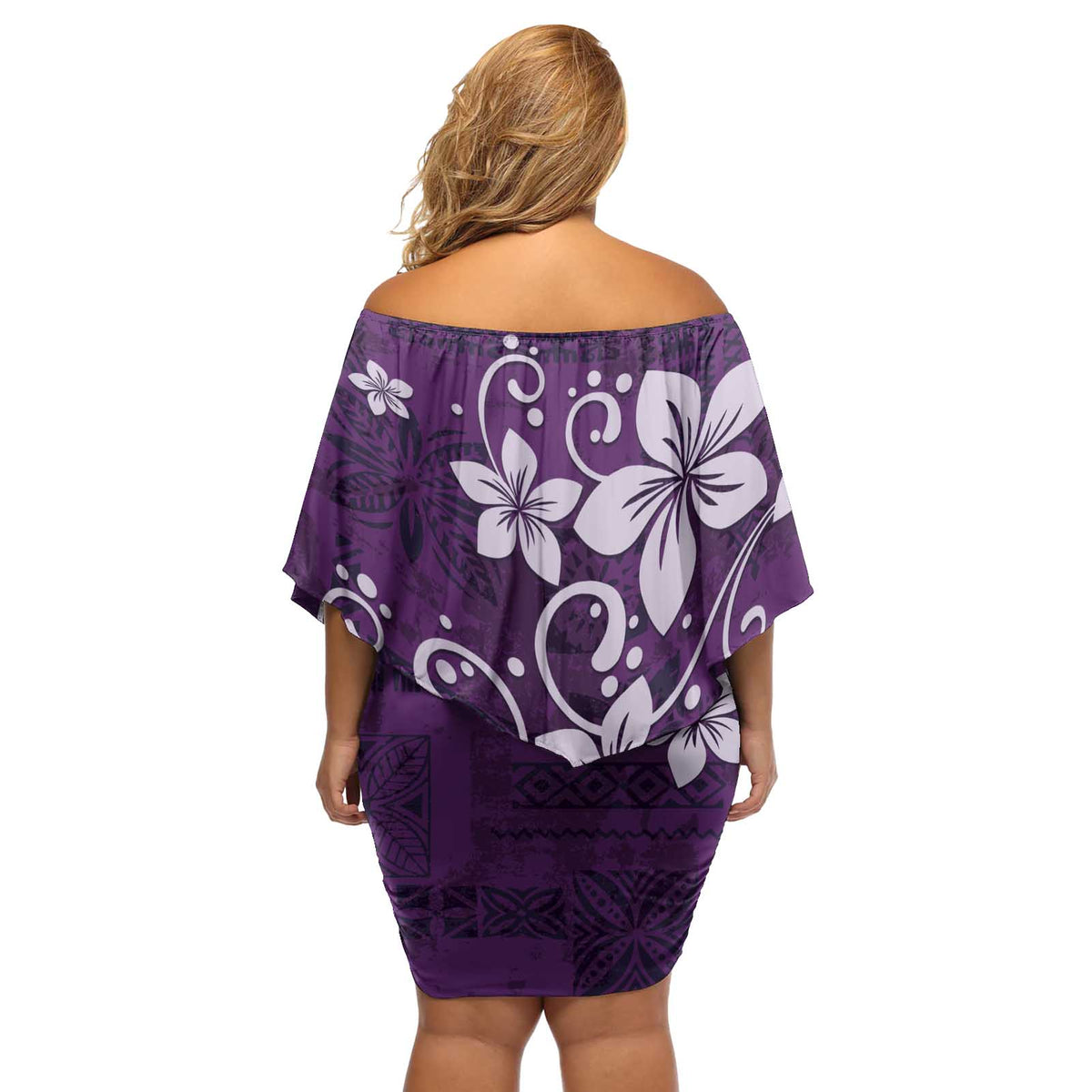 Plumeria Floral Tapa Pattern Amethyst Purple Off Shoulder Short Dress