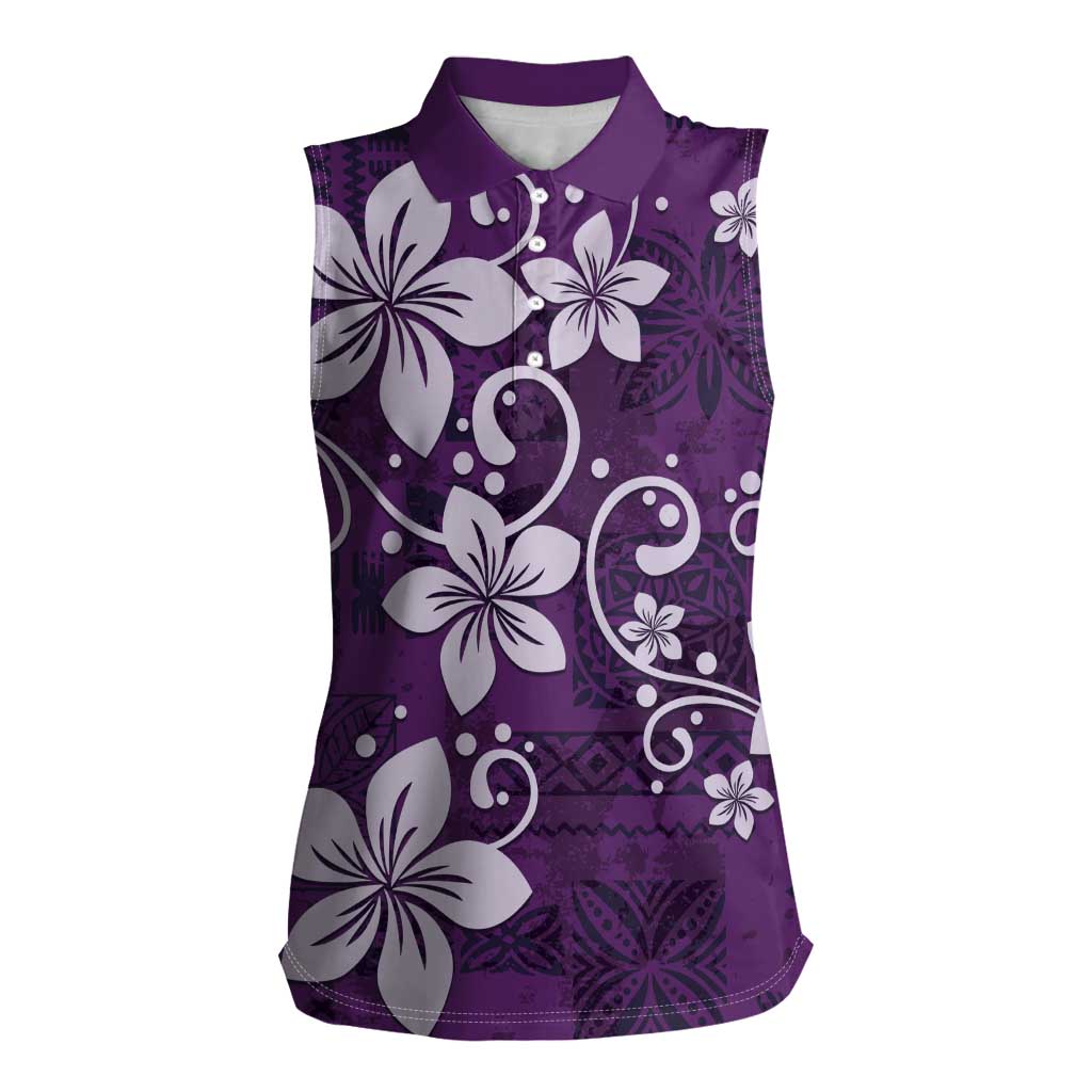 Plumeria Floral Tapa Pattern Amethyst Purple Women Sleeveless Polo Shirt LT01 Female Purple - Polynesian Pride