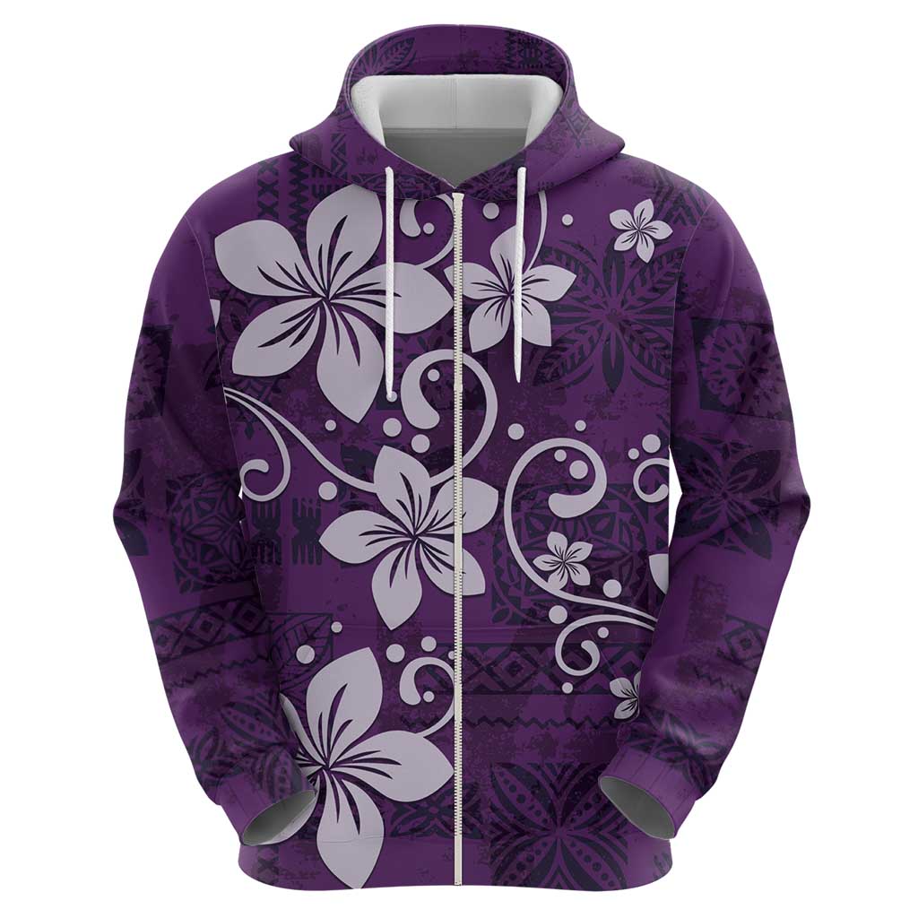 Plumeria Floral Tapa Pattern Amethyst Purple Zip Hoodie