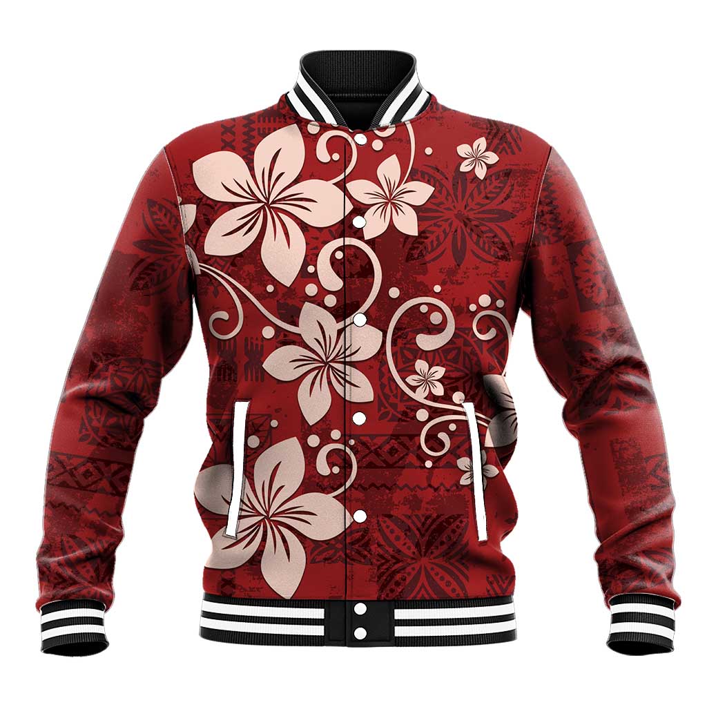 Plumeria Floral Tapa Pattern Oxblood Red Baseball Jacket
