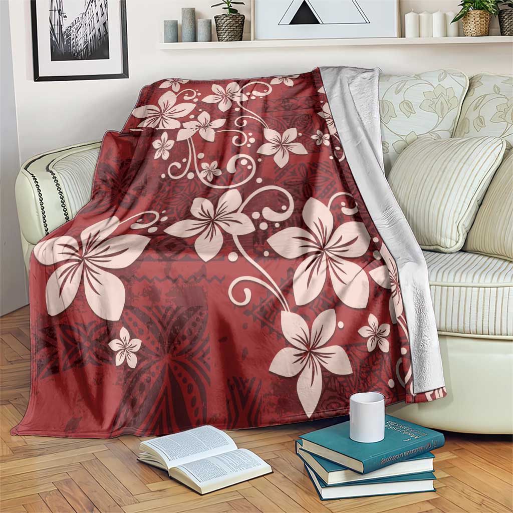 Plumeria Floral Tapa Pattern Oxblood Red Blanket