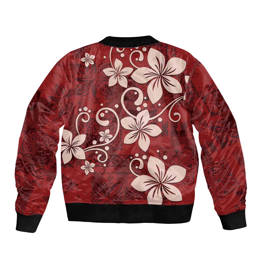 Plumeria Floral Tapa Pattern Oxblood Red Bomber Jacket