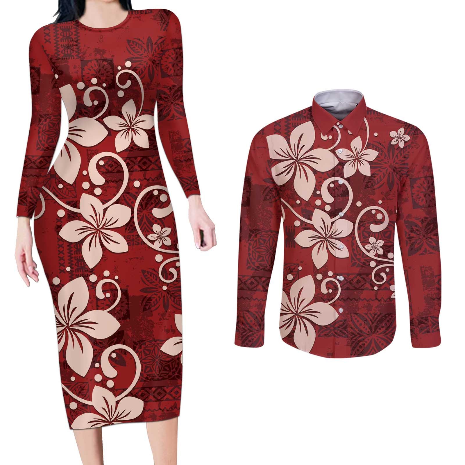 Plumeria Floral Tapa Pattern Oxblood Red Couples Matching Long Sleeve Bodycon Dress and Long Sleeve Button Shirt