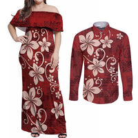 Plumeria Floral Tapa Pattern Oxblood Red Couples Matching Off Shoulder Maxi Dress and Long Sleeve Button Shirt