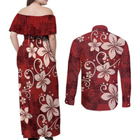 Plumeria Floral Tapa Pattern Oxblood Red Couples Matching Off Shoulder Maxi Dress and Long Sleeve Button Shirt