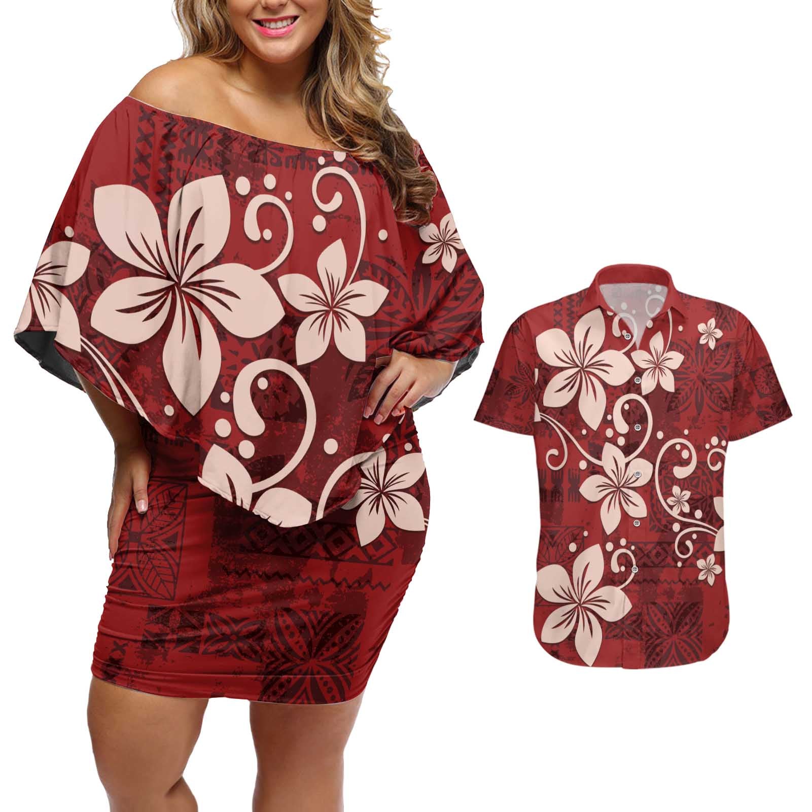 Plumeria Floral Tapa Pattern Oxblood Red Couples Matching Off Shoulder Short Dress and Hawaiian Shirt