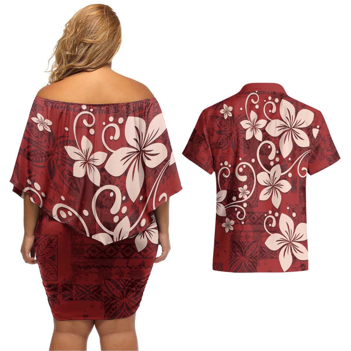 Plumeria Floral Tapa Pattern Oxblood Red Couples Matching Off Shoulder Short Dress and Hawaiian Shirt