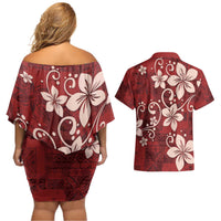 Plumeria Floral Tapa Pattern Oxblood Red Couples Matching Off Shoulder Short Dress and Hawaiian Shirt