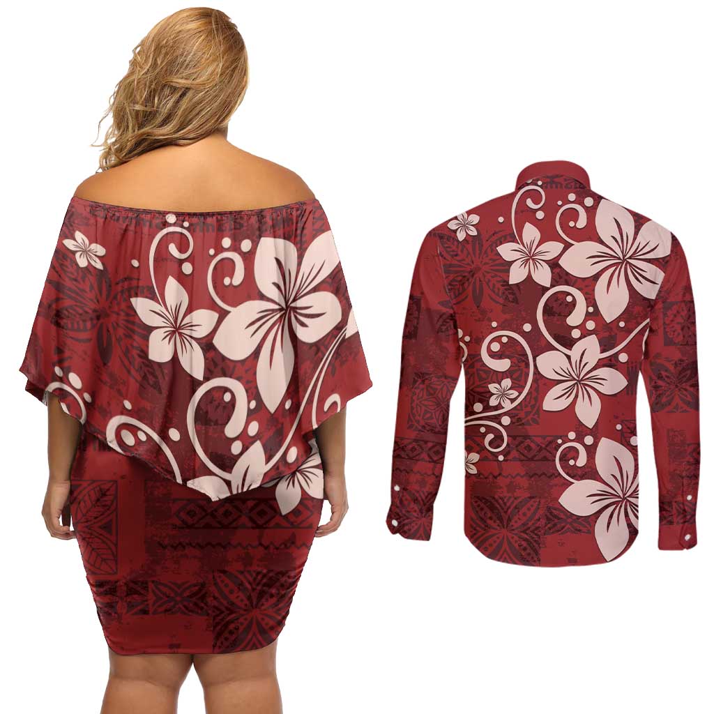 Plumeria Floral Tapa Pattern Oxblood Red Couples Matching Off Shoulder Short Dress and Long Sleeve Button Shirt