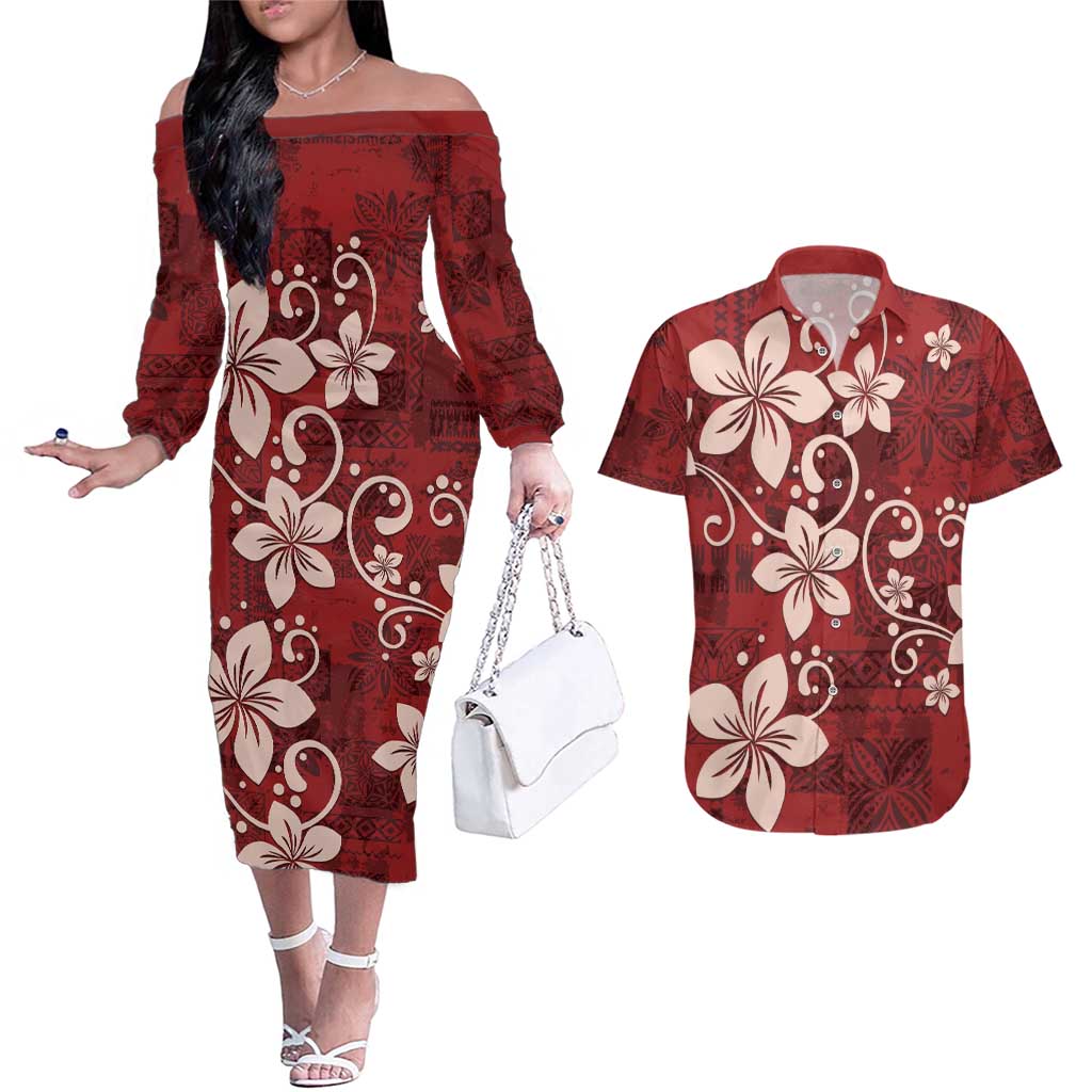 Plumeria Floral Tapa Pattern Oxblood Red Couples Matching Off The Shoulder Long Sleeve Dress and Hawaiian Shirt