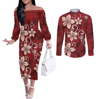 Plumeria Floral Tapa Pattern Oxblood Red Couples Matching Off The Shoulder Long Sleeve Dress and Long Sleeve Button Shirt