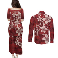 Plumeria Floral Tapa Pattern Oxblood Red Couples Matching Puletasi and Long Sleeve Button Shirt