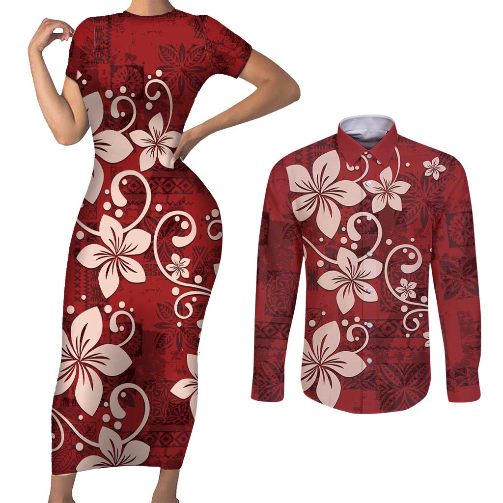 Plumeria Floral Tapa Pattern Oxblood Red Couples Matching Short Sleeve Bodycon Dress and Long Sleeve Button Shirt