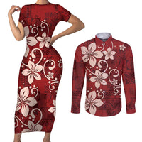 Plumeria Floral Tapa Pattern Oxblood Red Couples Matching Short Sleeve Bodycon Dress and Long Sleeve Button Shirt