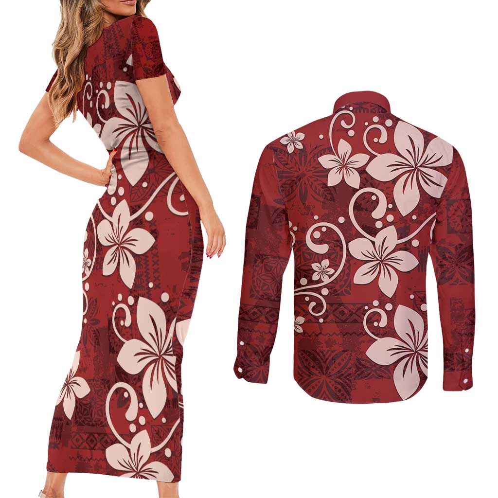 Plumeria Floral Tapa Pattern Oxblood Red Couples Matching Short Sleeve Bodycon Dress and Long Sleeve Button Shirt