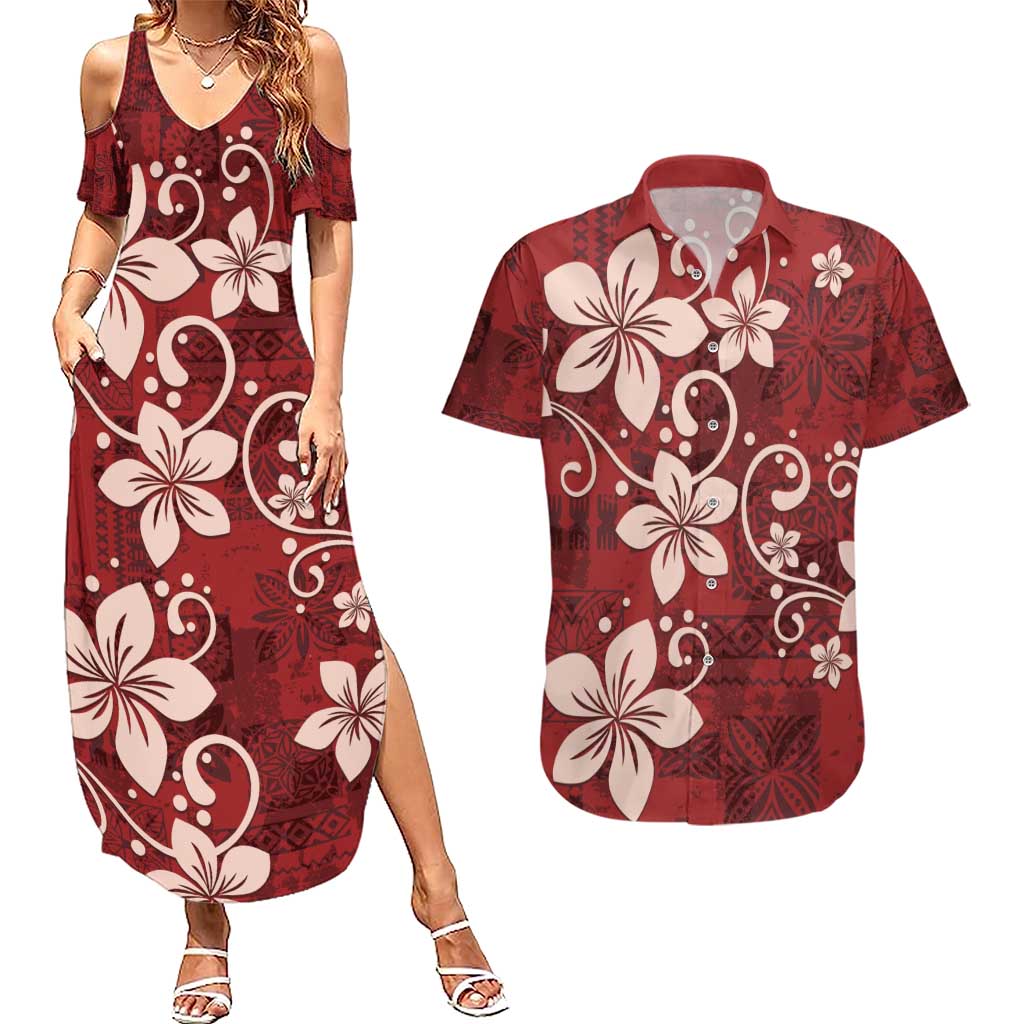Plumeria Floral Tapa Pattern Oxblood Red Couples Matching Summer Maxi Dress and Hawaiian Shirt