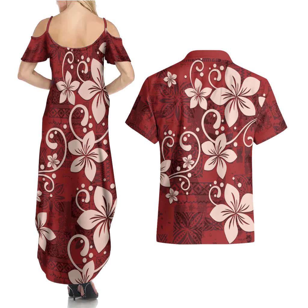 Plumeria Floral Tapa Pattern Oxblood Red Couples Matching Summer Maxi Dress and Hawaiian Shirt