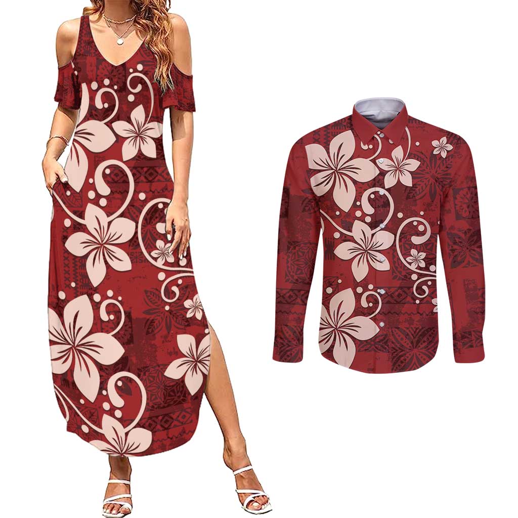 Plumeria Floral Tapa Pattern Oxblood Red Couples Matching Summer Maxi Dress and Long Sleeve Button Shirt