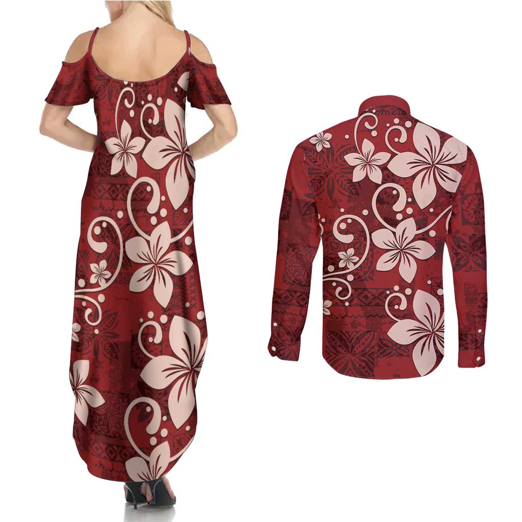 Plumeria Floral Tapa Pattern Oxblood Red Couples Matching Summer Maxi Dress and Long Sleeve Button Shirt