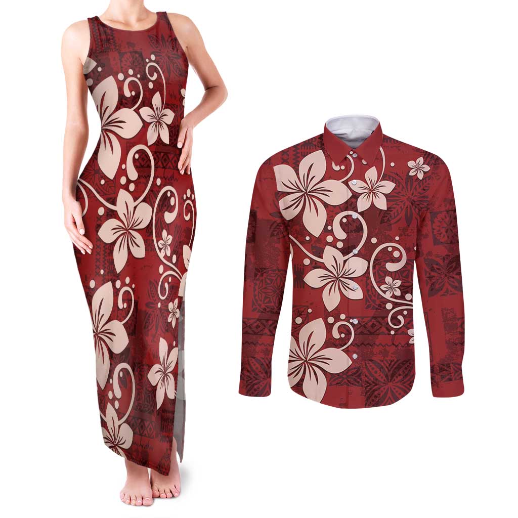 Plumeria Floral Tapa Pattern Oxblood Red Couples Matching Tank Maxi Dress and Long Sleeve Button Shirt