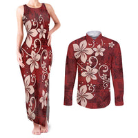 Plumeria Floral Tapa Pattern Oxblood Red Couples Matching Tank Maxi Dress and Long Sleeve Button Shirt