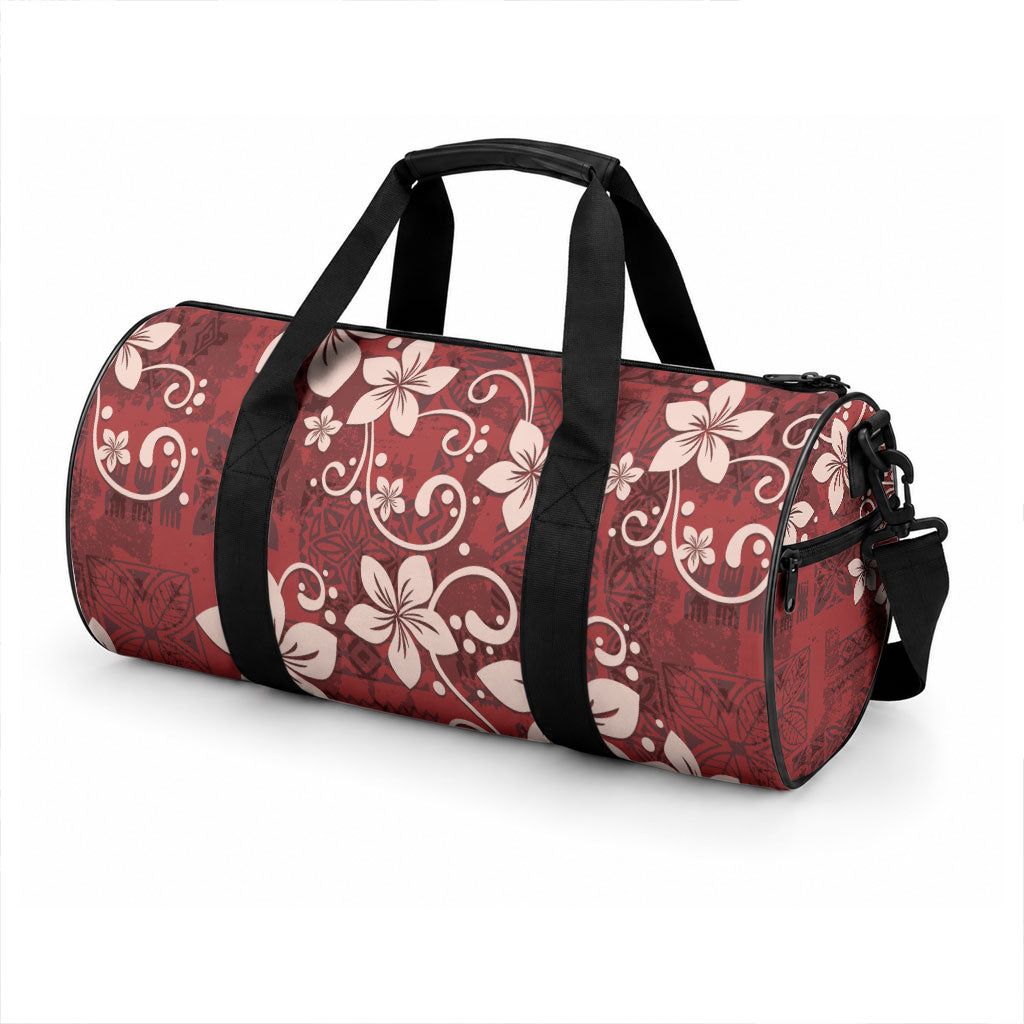 Plumeria Floral Tapa Pattern Oxblood Red Duffle Bag LT01 - Polynesian Pride