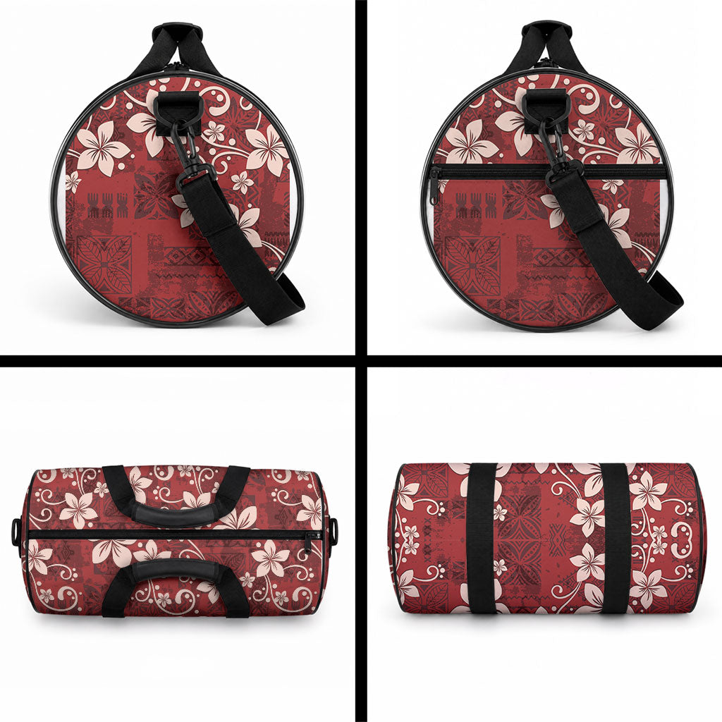 Plumeria Floral Tapa Pattern Oxblood Red Duffle Bag LT01 - Polynesian Pride