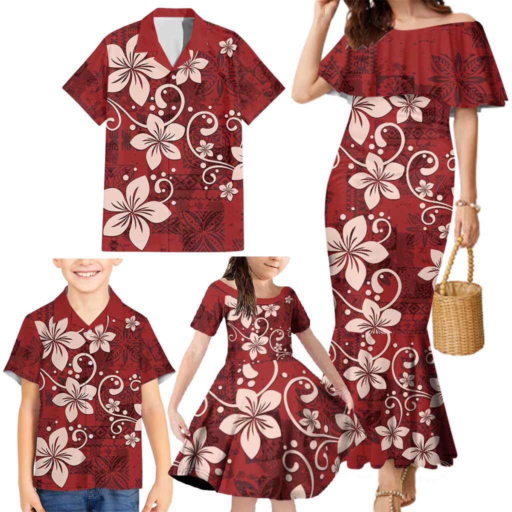 Plumeria Floral Tapa Pattern Oxblood Red Family Matching Mermaid Dress and Hawaiian Shirt LT01 - Polynesian Pride
