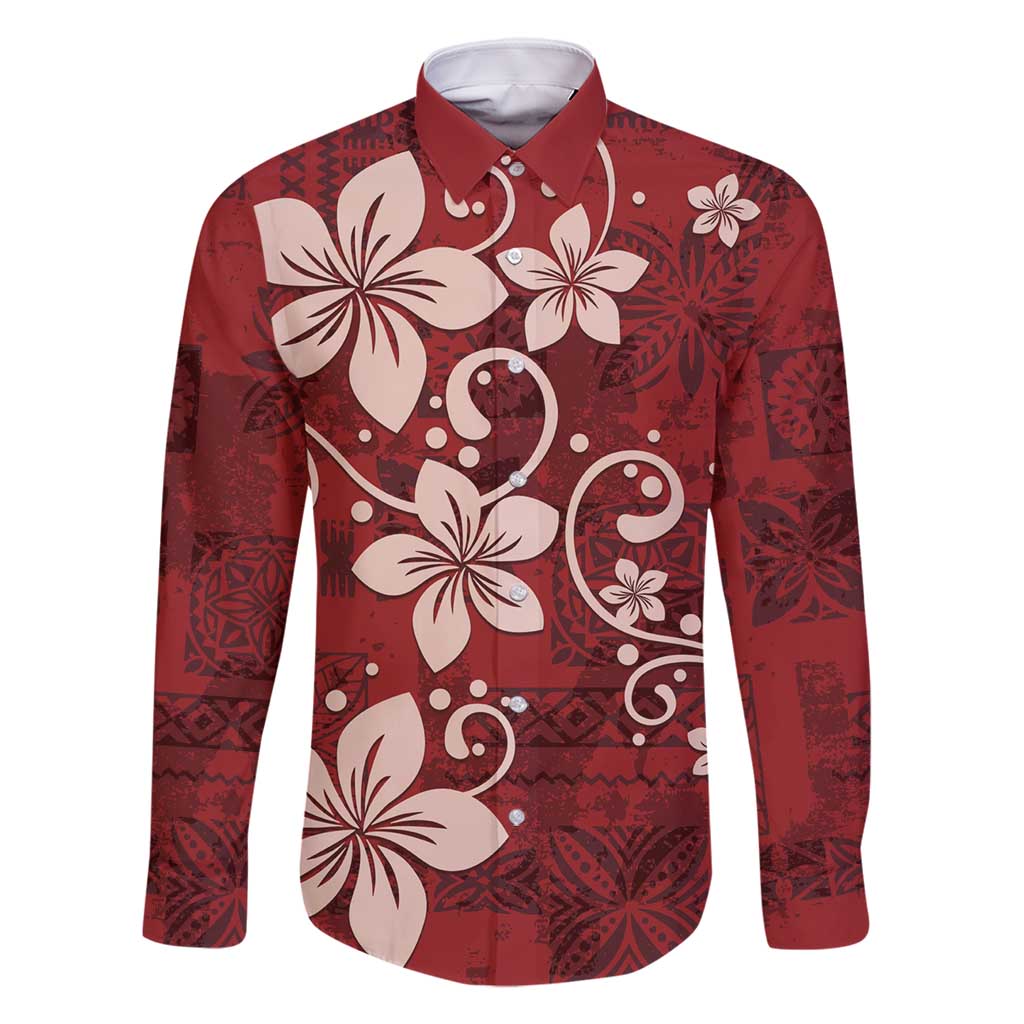 Plumeria Floral Tapa Pattern Oxblood Red Family Matching Mermaid Dress and Hawaiian Shirt LT01 Dad's Shirt - Long Sleeve Red - Polynesian Pride