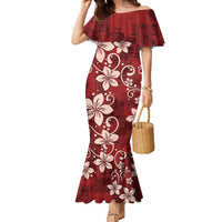 Plumeria Floral Tapa Pattern Oxblood Red Family Matching Mermaid Dress and Hawaiian Shirt LT01 Mom's Dress Red - Polynesian Pride