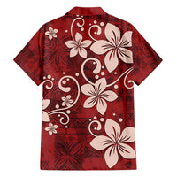 Plumeria Floral Tapa Pattern Oxblood Red Family Matching Off Shoulder Maxi Dress and Hawaiian Shirt