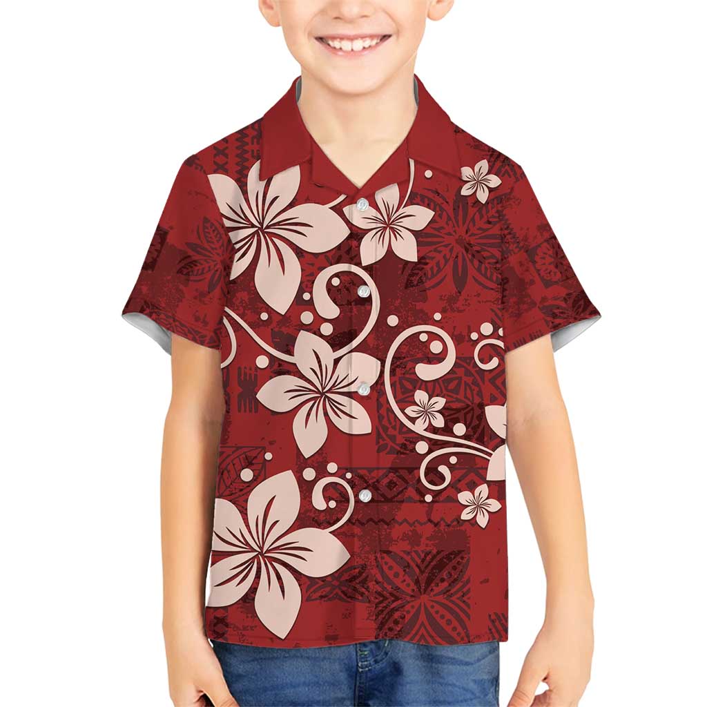 Plumeria Floral Tapa Pattern Oxblood Red Family Matching Puletasi and Hawaiian Shirt LT01 Son's Shirt Red - Polynesian Pride