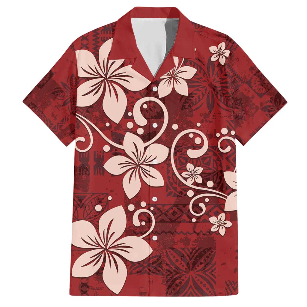 Plumeria Floral Tapa Pattern Oxblood Red Family Matching Short Sleeve Bodycon Dress and Hawaiian Shirt LT01 Dad's Shirt - Short Sleeve Red - Polynesian Pride