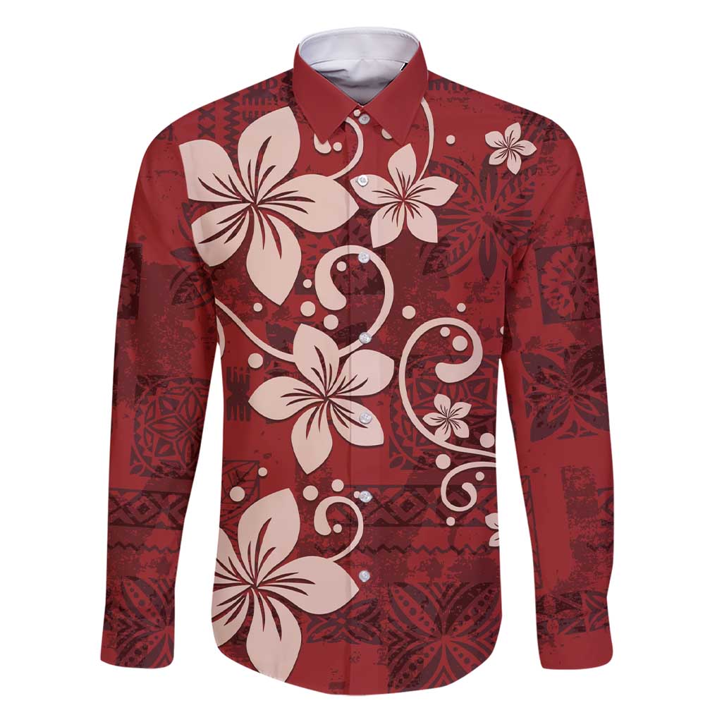 Plumeria Floral Tapa Pattern Oxblood Red Family Matching Short Sleeve Bodycon Dress and Hawaiian Shirt LT01 Dad's Shirt - Long Sleeve Red - Polynesian Pride