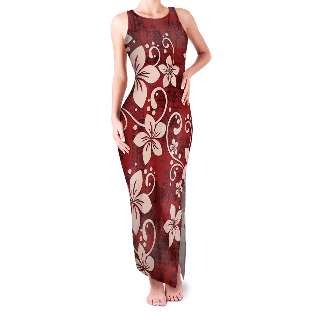 Plumeria Floral Tapa Pattern Oxblood Red Family Matching Tank Maxi Dress and Hawaiian Shirt