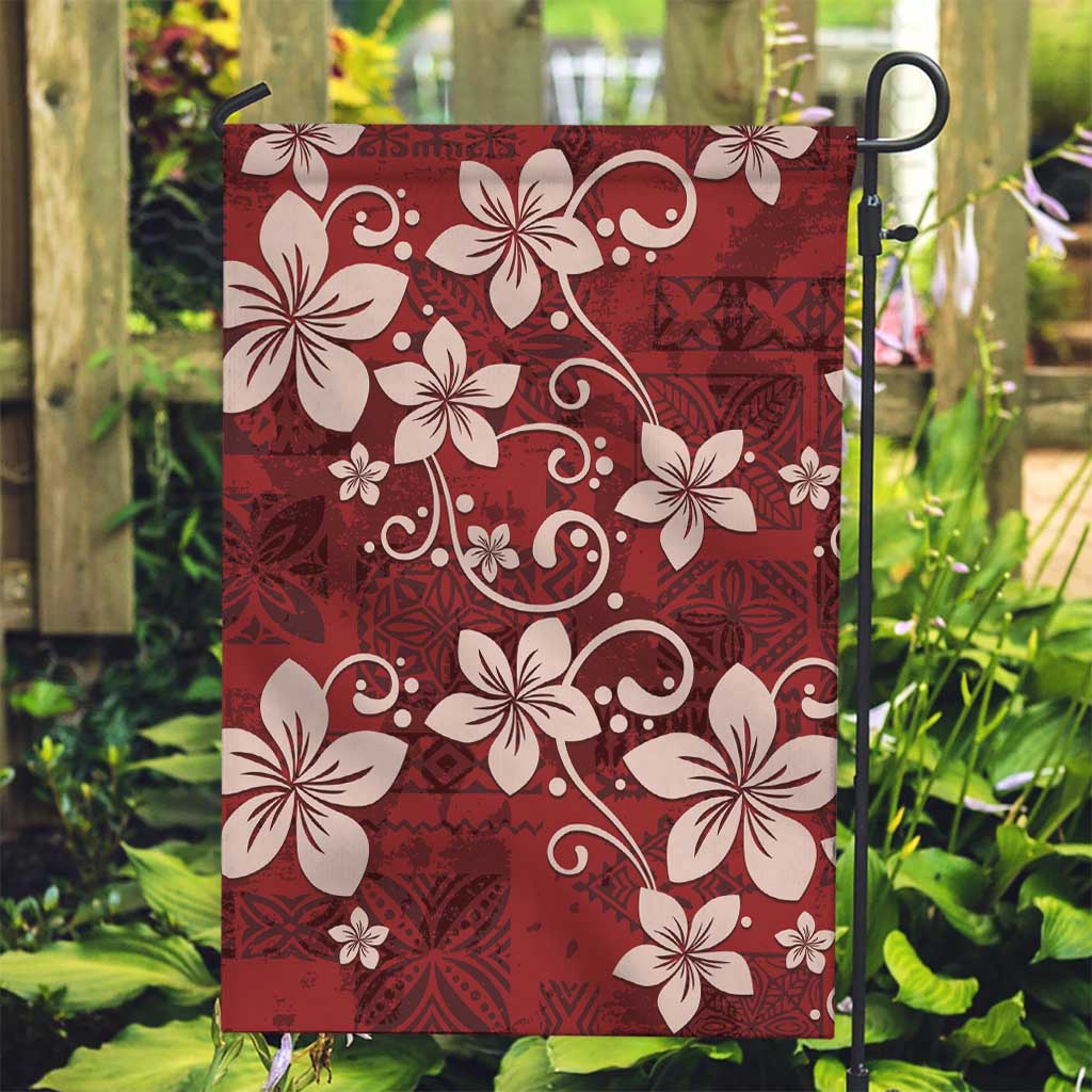 Plumeria Floral Tapa Pattern Oxblood Red Garden Flag