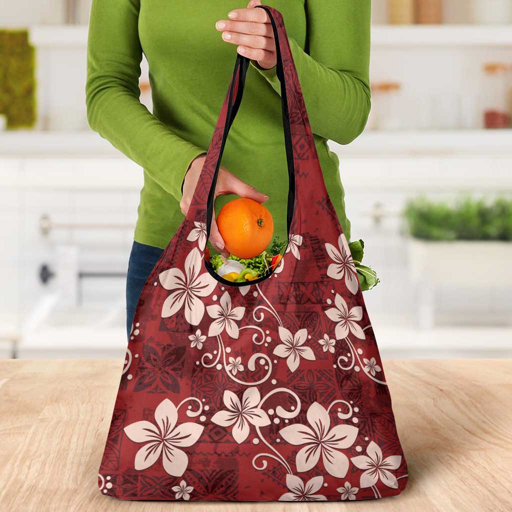 Plumeria Floral Tapa Pattern Oxblood Red Grocery Bag LT01 - Polynesian Pride