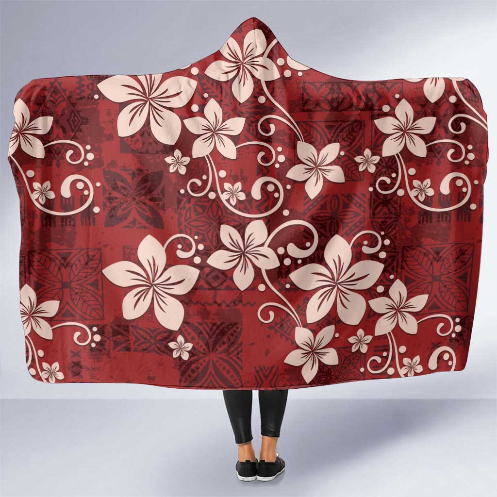 Plumeria Floral Tapa Pattern Oxblood Red Hooded Blanket