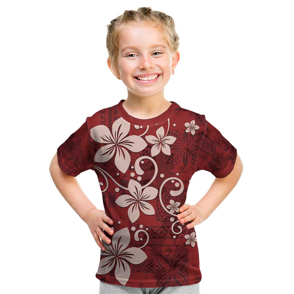 Plumeria Floral Tapa Pattern Oxblood Red Kid T Shirt LT01 Red - Polynesian Pride
