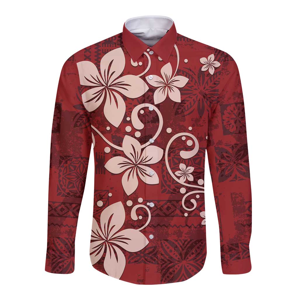 Plumeria Floral Tapa Pattern Oxblood Red Long Sleeve Button Shirt LT01 Unisex Red - Polynesian Pride