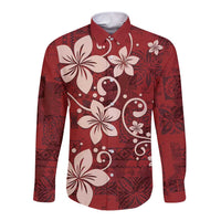 Plumeria Floral Tapa Pattern Oxblood Red Long Sleeve Button Shirt LT01 Unisex Red - Polynesian Pride