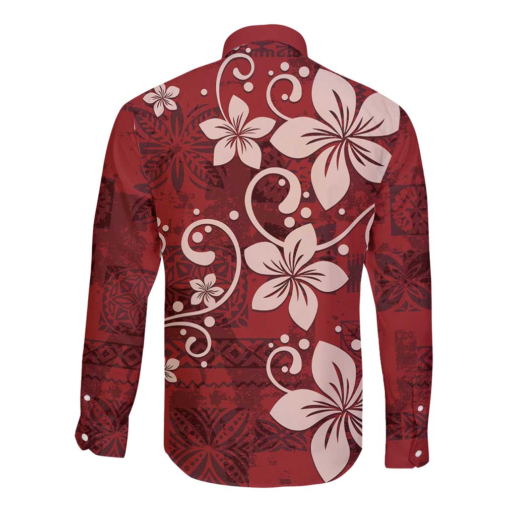 Plumeria Floral Tapa Pattern Oxblood Red Long Sleeve Button Shirt LT01 - Polynesian Pride