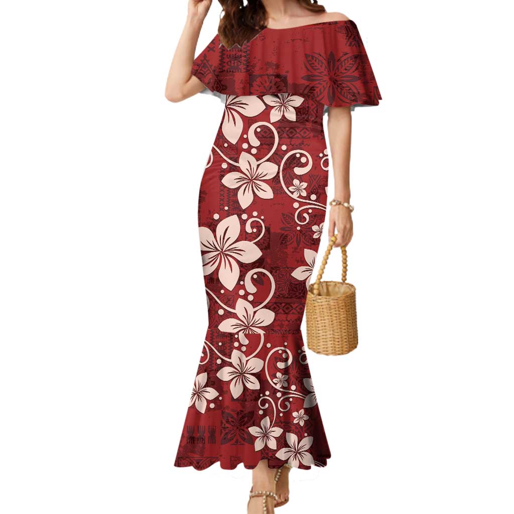 Plumeria Floral Tapa Pattern Oxblood Red Mermaid Dress