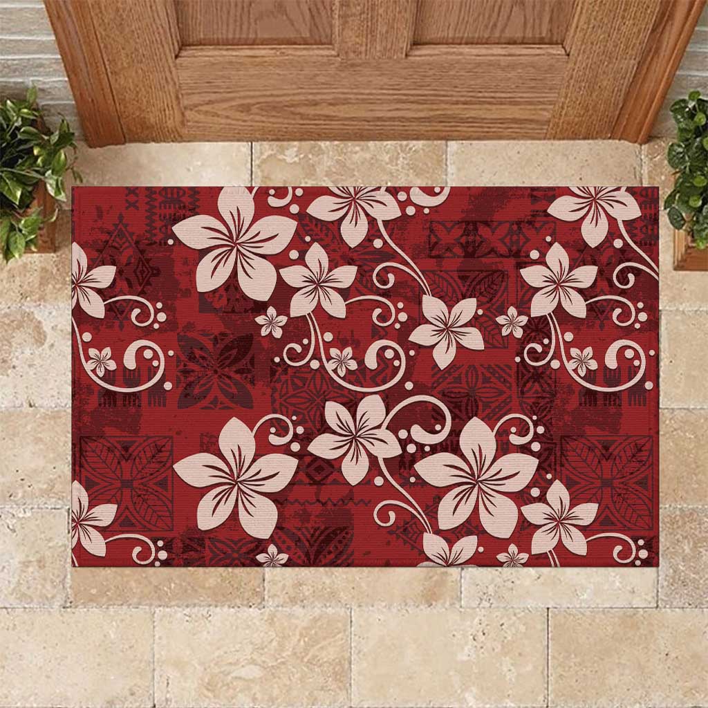 Plumeria Floral Tapa Pattern Oxblood Red Rubber Doormat