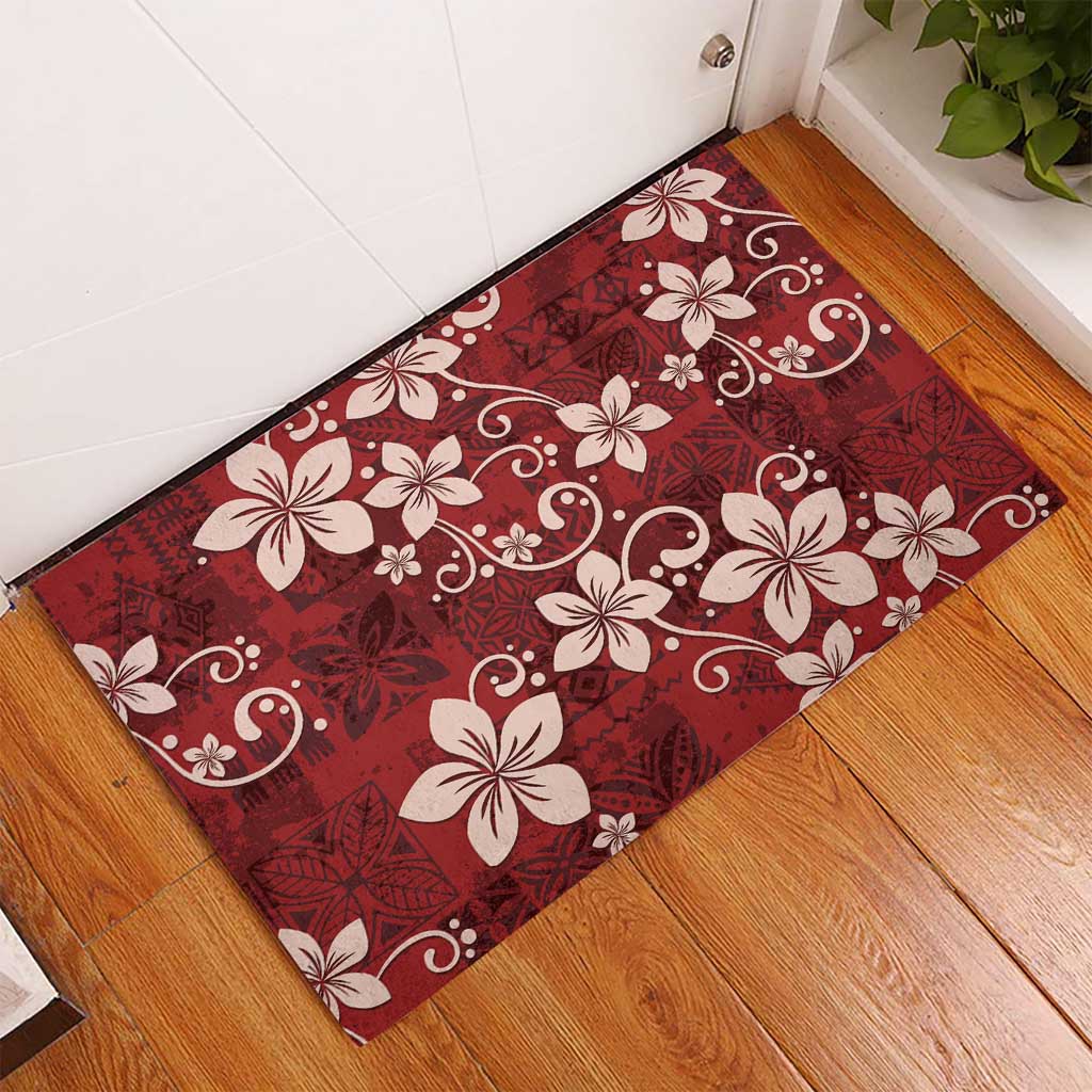 Plumeria Floral Tapa Pattern Oxblood Red Rubber Doormat