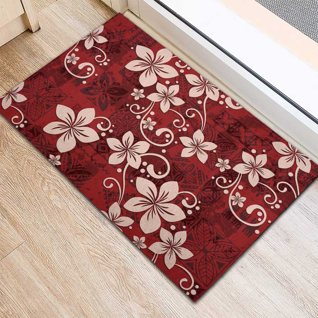 Plumeria Floral Tapa Pattern Oxblood Red Rubber Doormat