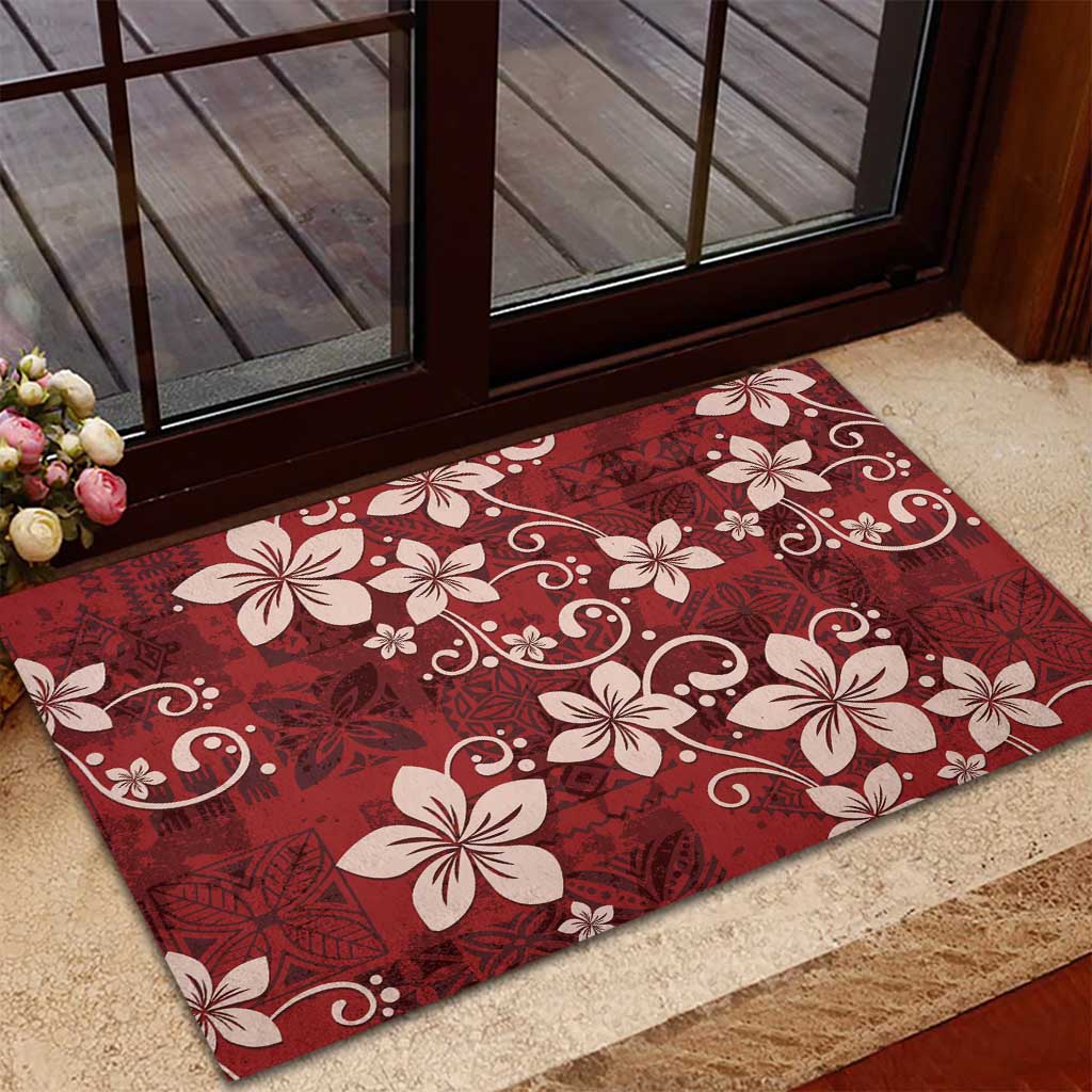 Plumeria Floral Tapa Pattern Oxblood Red Rubber Doormat