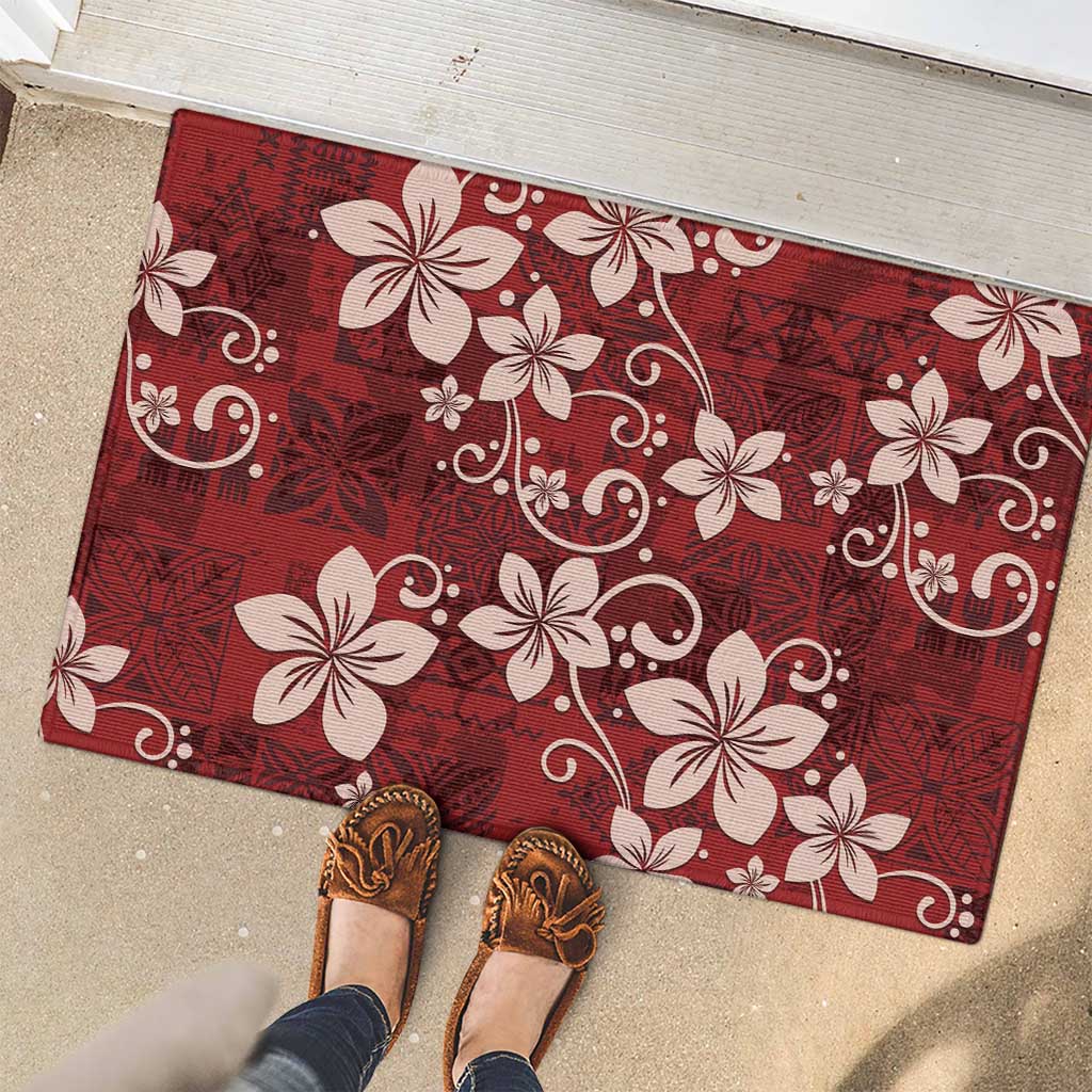Plumeria Floral Tapa Pattern Oxblood Red Rubber Doormat